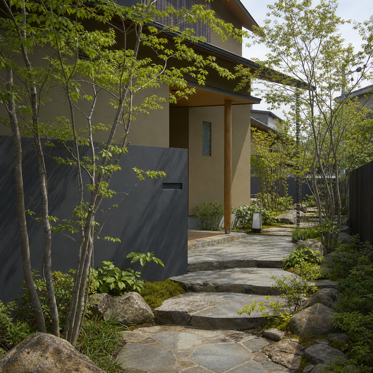植栽と石畳を取り入れた住宅の外構